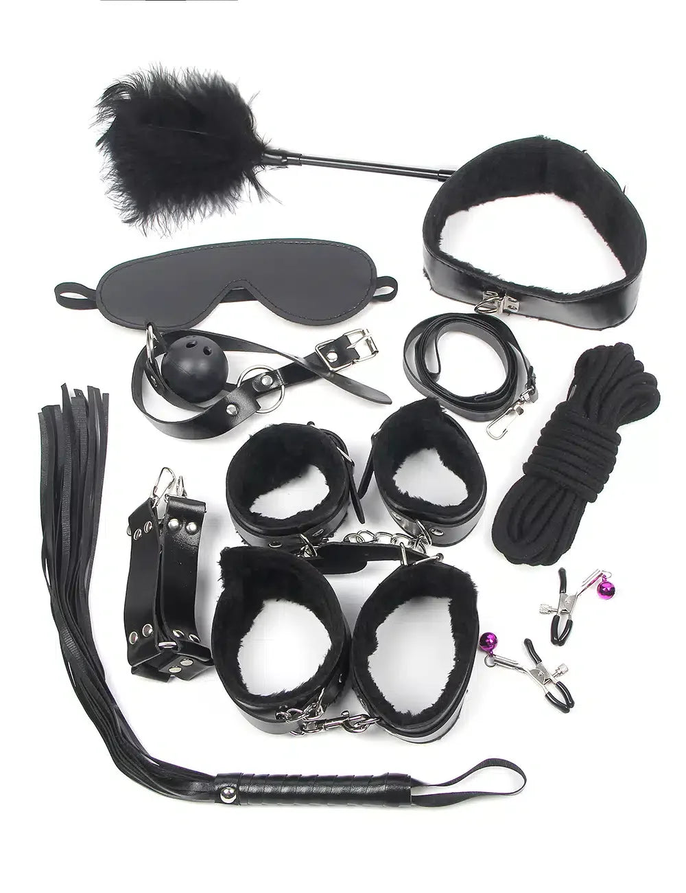 Black bondage kit with cuffs, blindfold, rope, collar, flogger, tickler and accessories