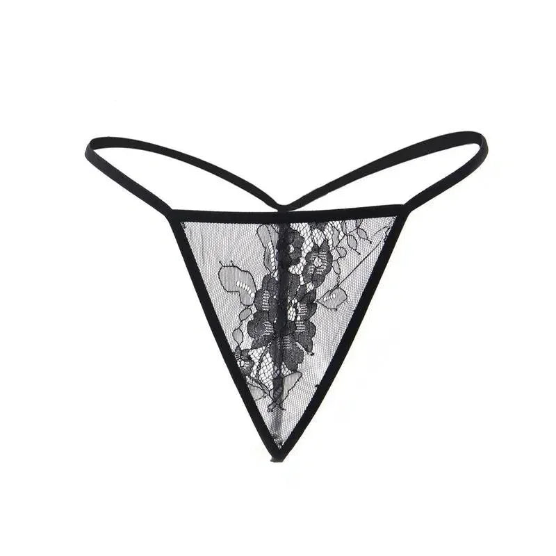 Black lace G-string thong with floral mesh design and thin straps, sexy lingerie