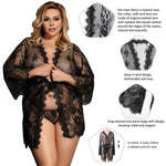 Plus size woman wearing black sheer lace lingerie robe set with V-neck and eyelash lace details.