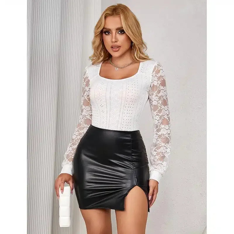 Elegant Langermet Mesh Bodysuit med Blonder - hvit
