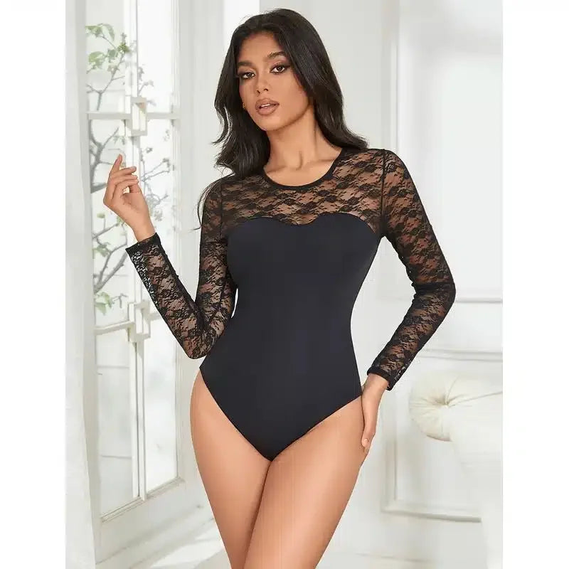 Sexy Langermet Bodysuit med Blonder - sort