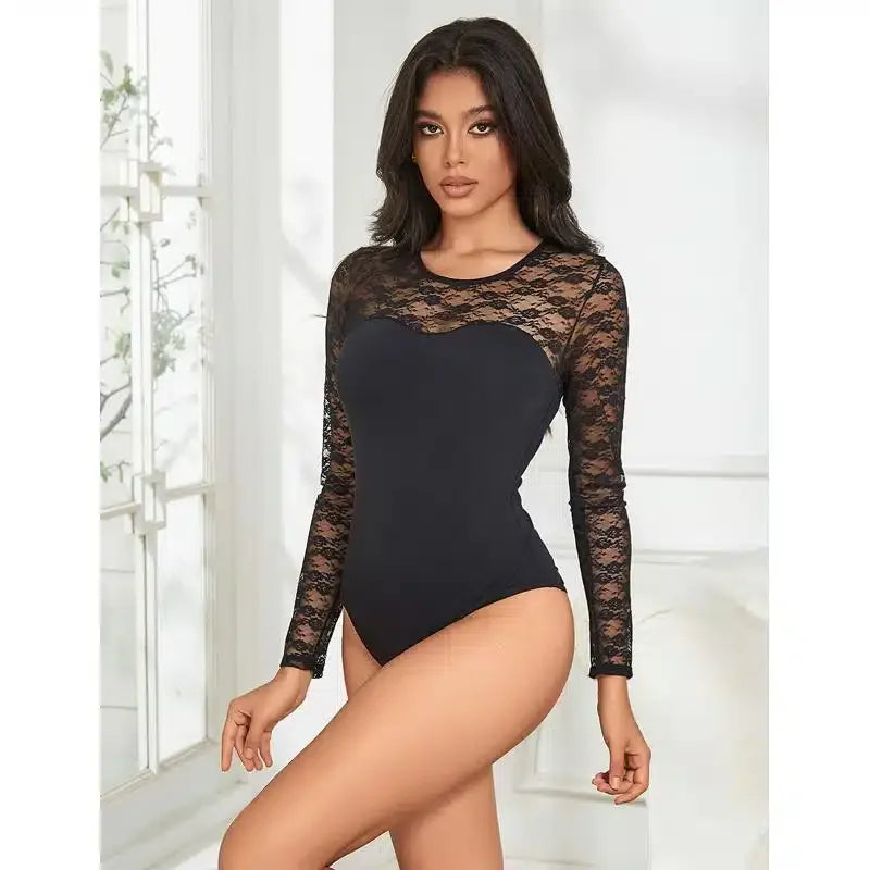 Sexy Langermet Bodysuit med Blonder - sort