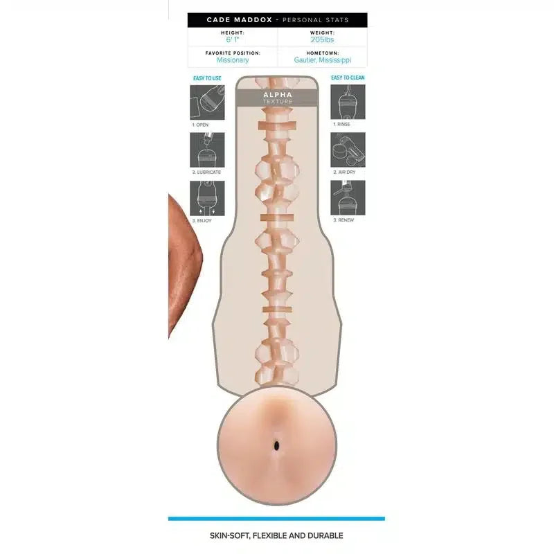 Realistic male pleasure sleeve with detailed interior texture diagram and usage instructions
