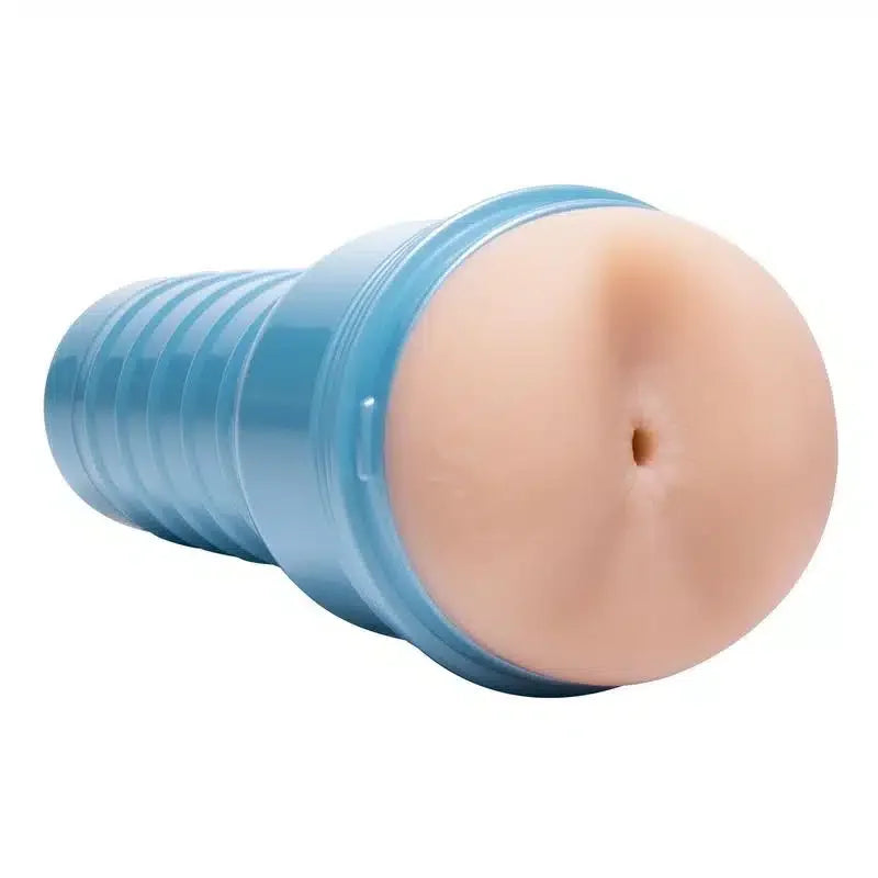 Realistic male masturbator in blue case with lifelike silicone texture on white background.