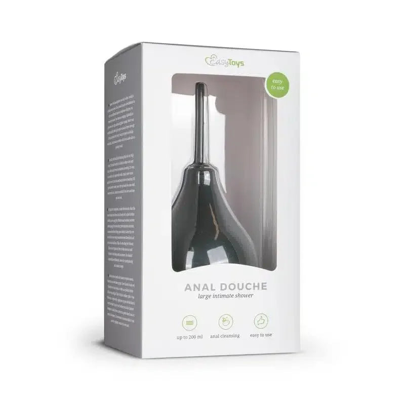 Black anal cleansing bulb packaged in a white box with product information and viewing window.
