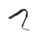 Black faux leather flogger with wrapped handle and wrist loop on white background