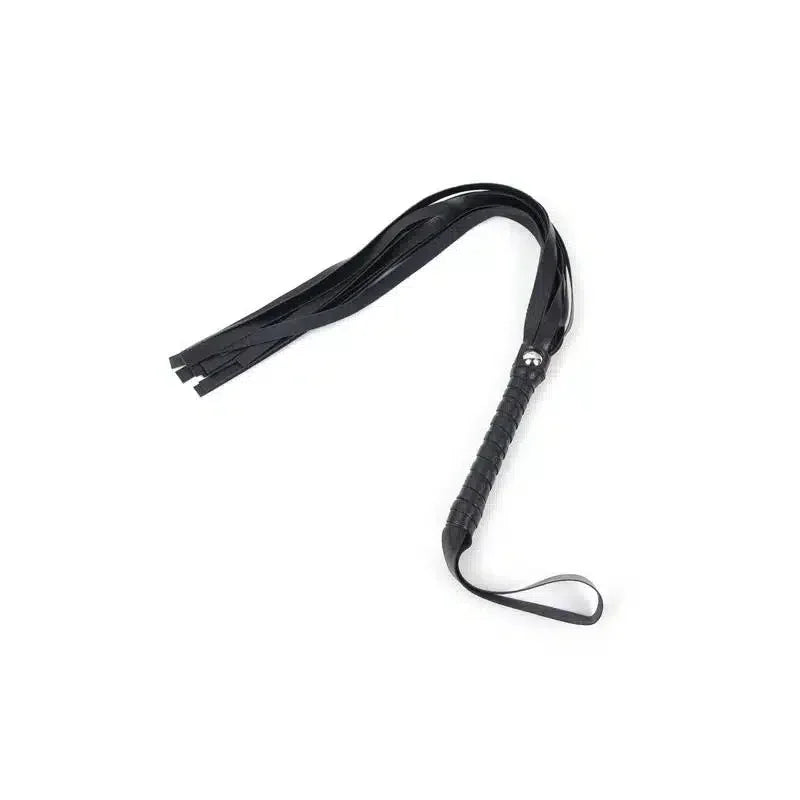 Black faux leather flogger with wrapped handle and wrist loop on white background