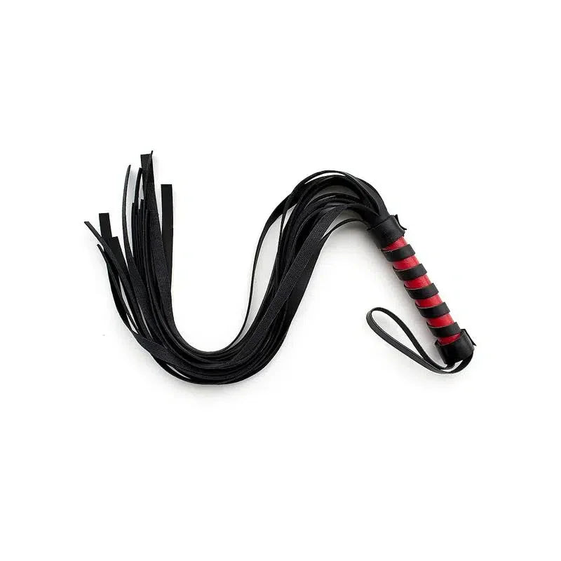 Black faux leather whip with red and black handle, multiple tails, on white background