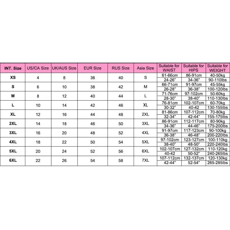 International women's lingerie size chart with waist, hips, and weight measurements.