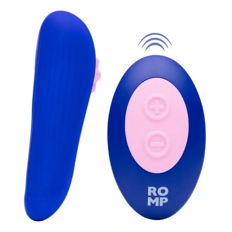 Blue and pink remote-controlled vibrating device with wireless controller for intimate use