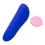 Blue silicone vibrator with pink remote control on white background