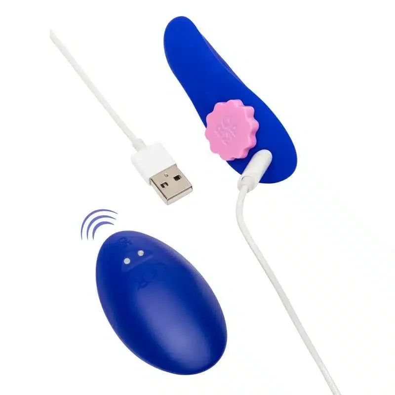 Blue rechargeable remote control vibrator with USB cable and pink button