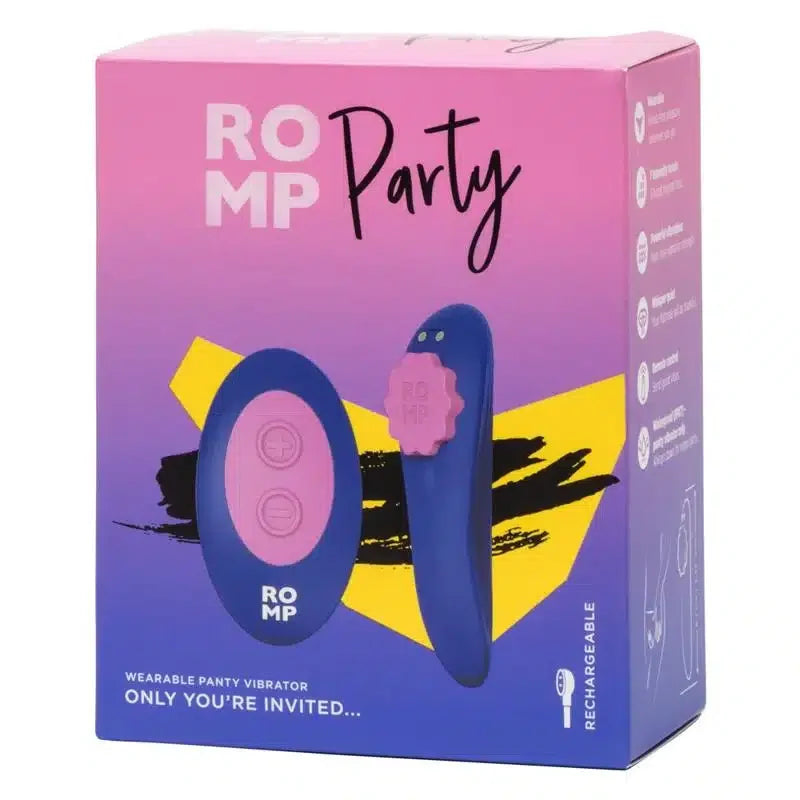 RO MP Party wearable panty vibrator packaging with remote, purple and pink design