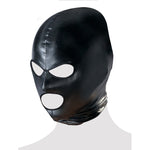 Sort bondage maske i skinnimitasjon med åpninger for øyne og munn, voksenutstyr.