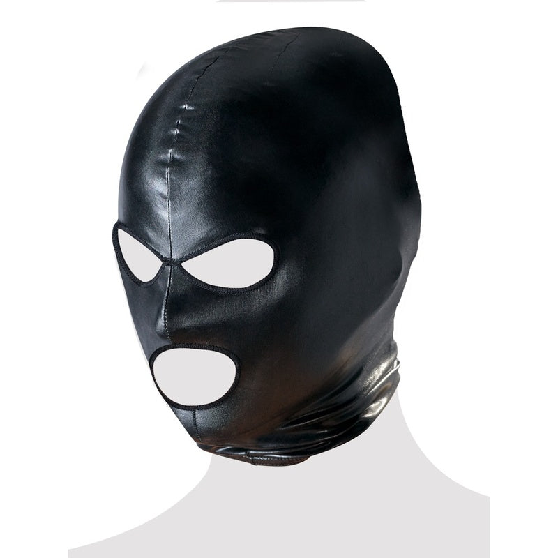 Sort bondage maske i skinnimitasjon med åpninger for øyne og munn, voksenutstyr.
