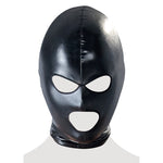 Sort fetisj maske i kunstskinn med åpning for øyne og munn, erotisk tilbehør.