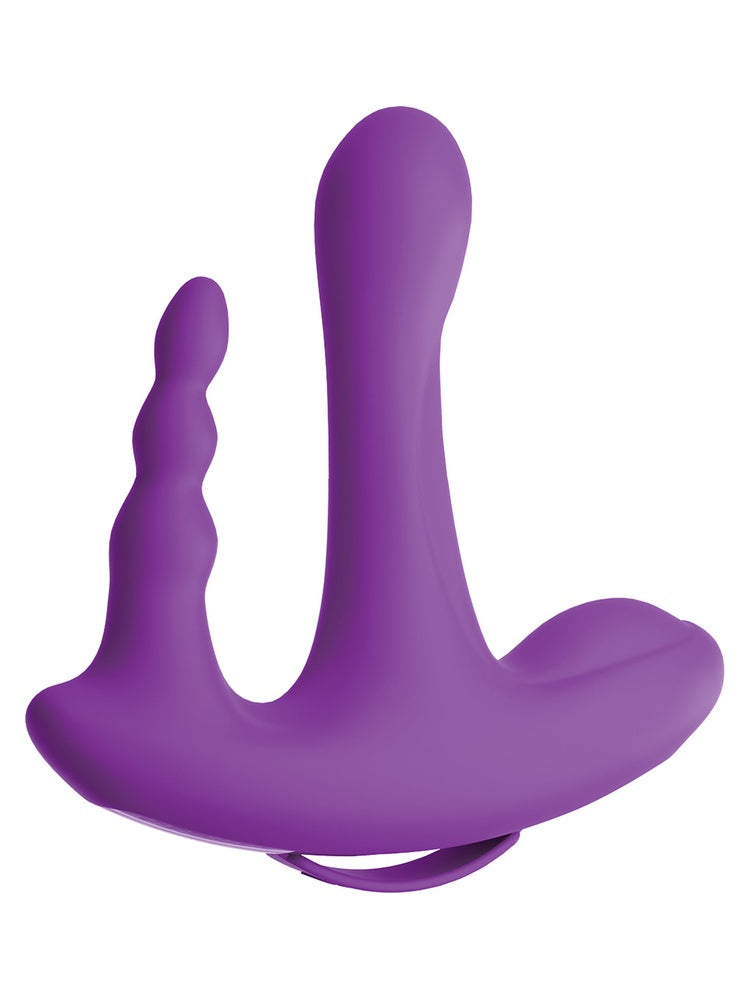 3Some Rock N' Ride trippelvibrator i lilla, sett skrått forfra, viser G-punktarm, analperlearm og klitorisstimulerende arm