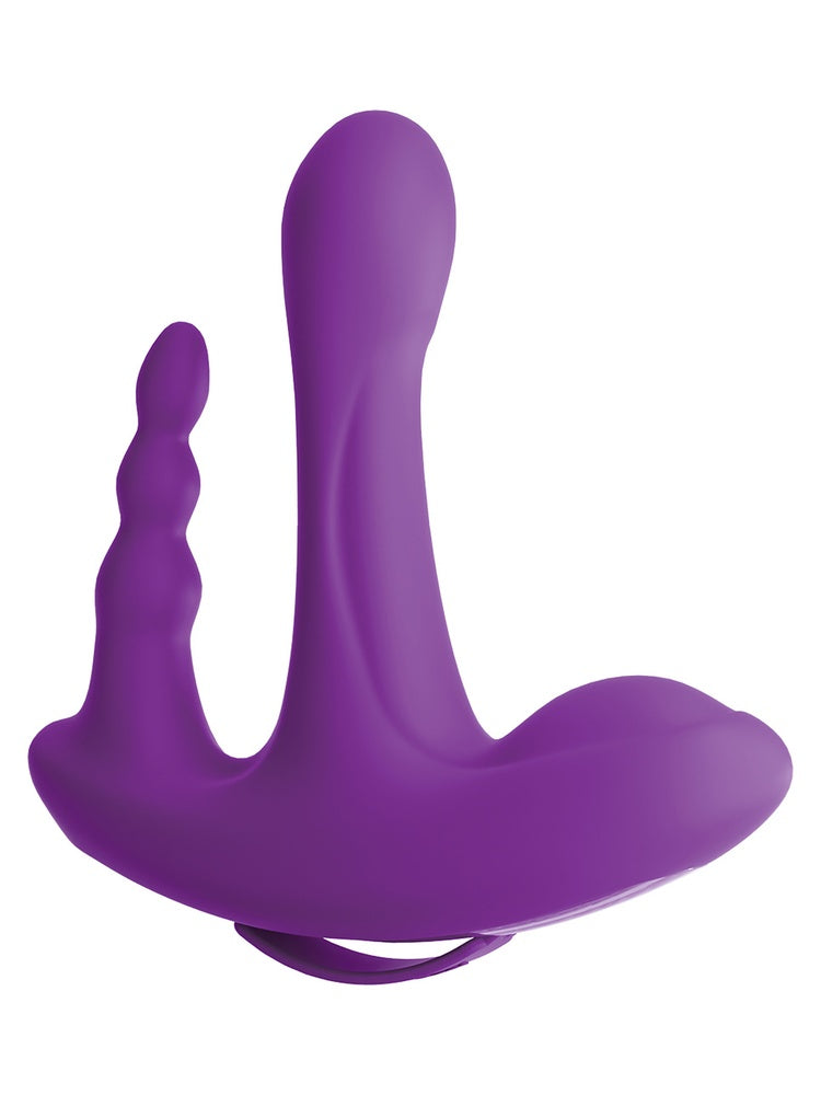3Some Rock N' Ride trippelvibrator i lilla, sett fra siden, viser alle tre armer og ergonomisk base