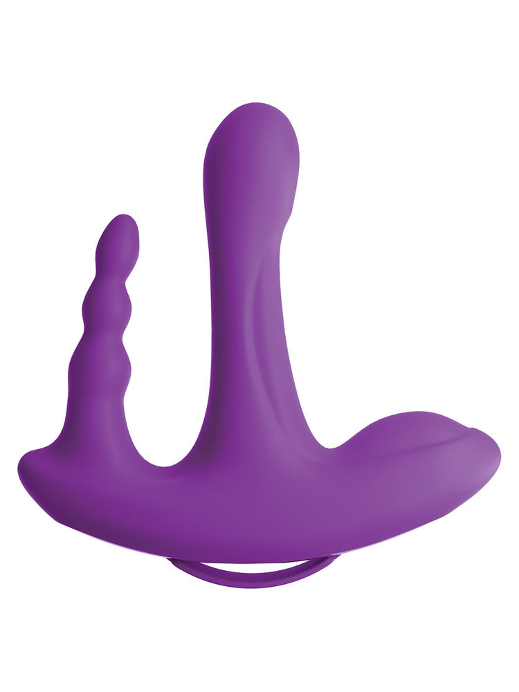 3Some Rock N' Ride trippelvibrator i lilla, sett forfra, viser symmetrisk design med tre stimuleringsarmer