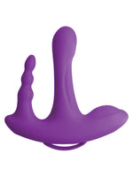 3Some Rock N' Ride trippelvibrator i lilla, sett forfra, viser symmetrisk design med tre stimuleringsarmer