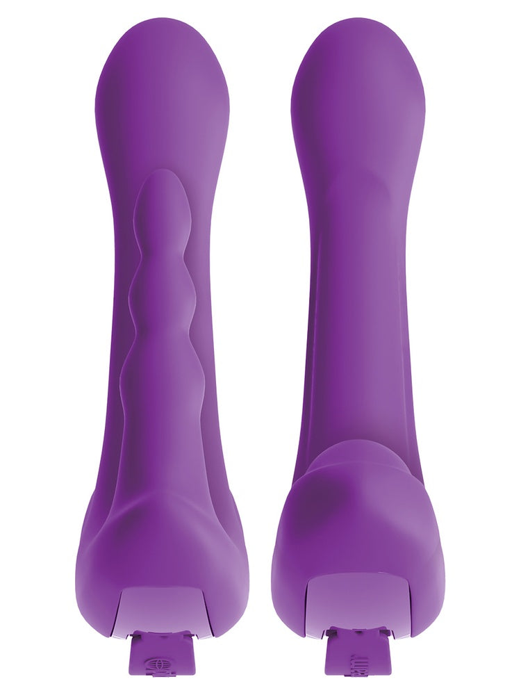 3Some Rock N' Ride vibrator sett forfra og bakfra, viser teksturert overflate med stimuleringsribber og glatt side