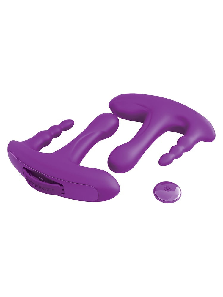 3Some Rock N' Ride vibrator vist åpen og lukket ved siden av fjernkontrollen, mot grå bakgrunn