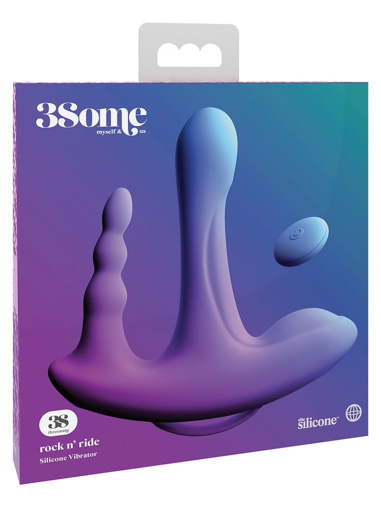 Emballasje til 3Some Rock N' Ride silikonvibrator med lilla/blå gradientdesign og trådløs fjernkontroll