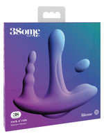 Emballasje til 3Some Rock N' Ride silikonvibrator med lilla/blå gradientdesign og trådløs fjernkontroll