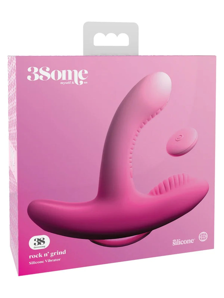 Emballasje til 3Some Rock N' Grind silikonvibrator i rosa med trådløs fjernkontroll