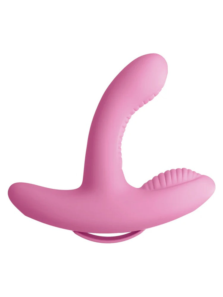 3Some Rock N' Grind vibrator i rosa, sett skrått forfra, viser buet G-punktarm og klitorisstimulerende ribber