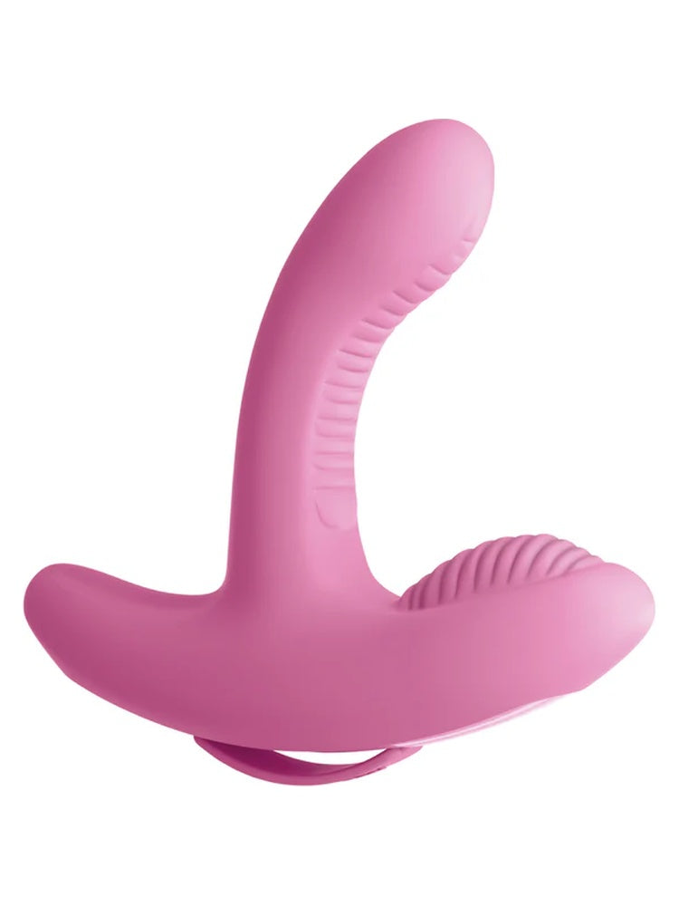 3Some Rock N' Grind vibrator i rosa, sett fra siden, viser ergonomisk buet design