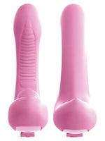 Nærbilde av 3Some Rock N' Grind vibrator forfra og bakfra, viser stimuleringsribber og glatt overflate