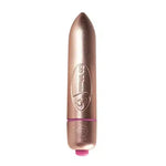 Rose gold bullet vibrator with pink accents, discreet personal massager product.
