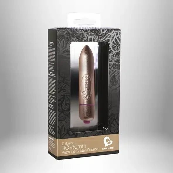 Rocks-Off RO-80mm bullet vibrator in gold, 7 speed, in retail packaging