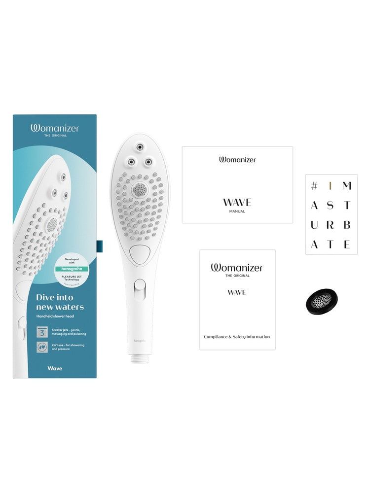 Womanizer Wave komplett innhold – dusjhode, eske, ladekabel, manual og tilbehør