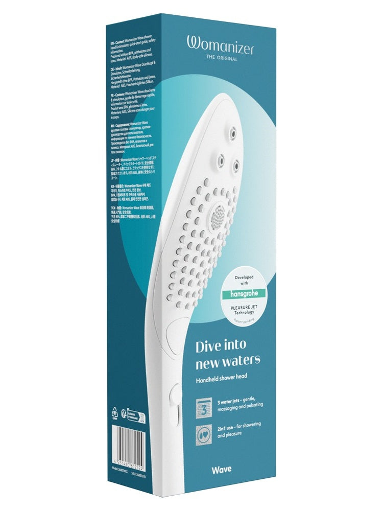 Womanizer Wave eske med produktinformasjon – viser funksjoner og spesifikasjoner