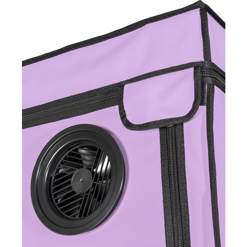 Lilla oppbevaringsveske med svart glidelås og lufteventil, nærbilde