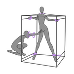 Illustrasjon av to figurer med håndjern, halsbånd og fotlenker i et bur, bondageutstyr.