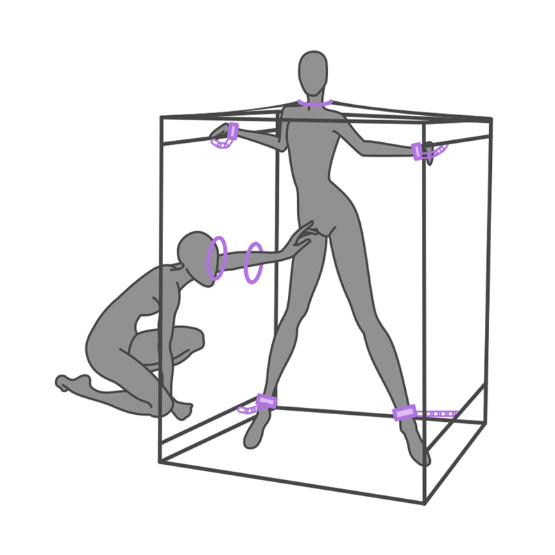 Illustrasjon av to figurer med håndjern, halsbånd og fotlenker i et bur, bondageutstyr.