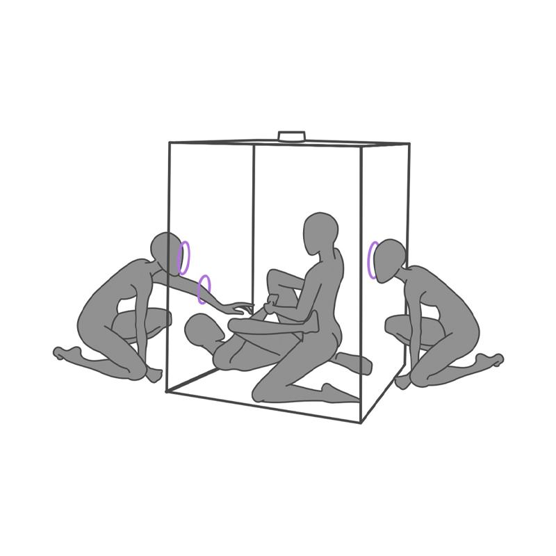 Illustrasjon av fire mennesker rundt og inne i en boks, interagerer gjennom åpninger.