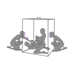 Illustrasjon av fire mennesker rundt og inne i en boks, interagerer gjennom åpninger.