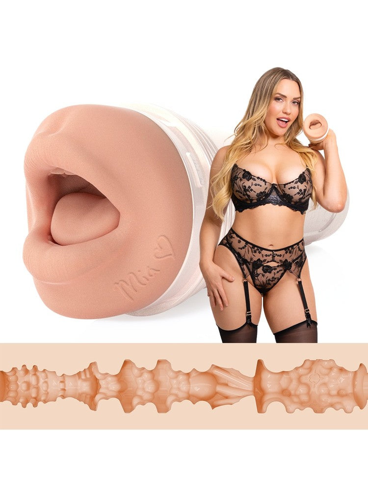 Fleshlight Fantasy Mia Malkova Headshot masturbator med realistisk munnåpning og bilde av Mia Malkova på hvit bakgrunn
