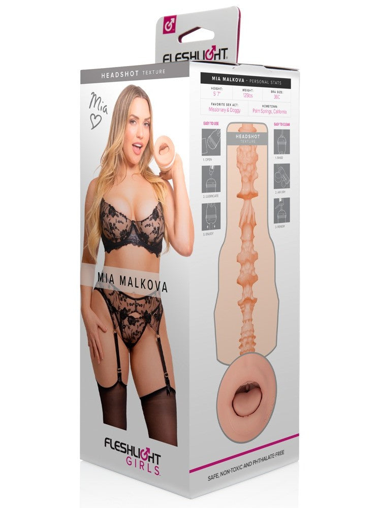 Fleshlight Fantasy Mia Malkova Headshot produkteske med bilde av Mia Malkova og produktinformasjon