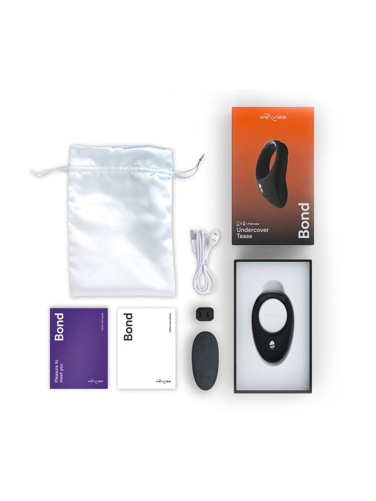 We-Vibe Bond vibrerende penisring med fjernkontroll, ladekabel og tilbehør i eske