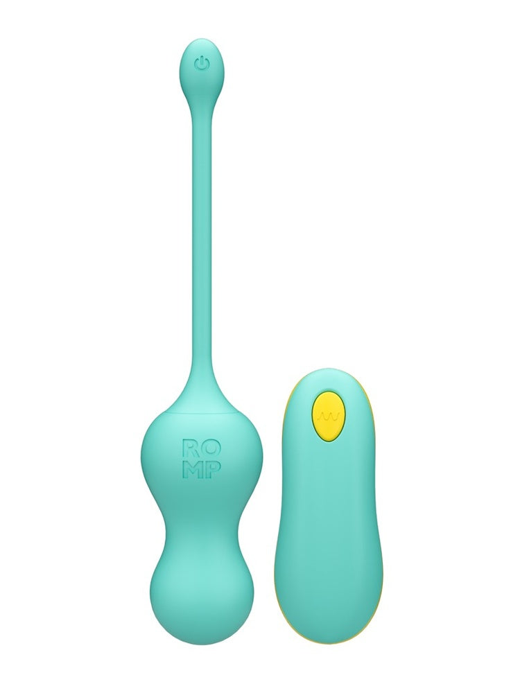ROMP Cello Vibrerende Egg – produktbilde av turkist sexleketøy i silikon med langt håndtak og av/på-knapp øverst, samt oval fjernkontroll med gul knapp, hvit bakgrunn.