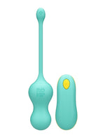ROMP Cello Vibrerende Egg – produktbilde av turkist sexleketøy i silikon med langt håndtak og av/på-knapp øverst, samt oval fjernkontroll med gul knapp, hvit bakgrunn.