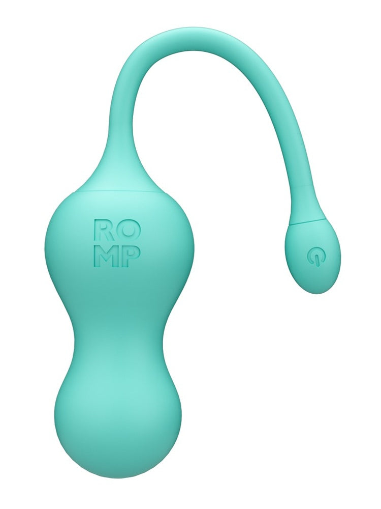 ROMP Cello Vibrerende Egg – nærbilde forfra av turkist sexleketøy med dobbel kule, ROMP-logo og fleksibelt håndtak med liten av/på-knapp i enden, hvit bakgrunn.