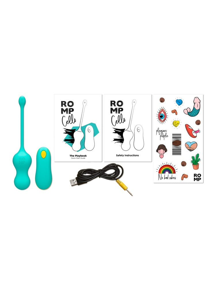 ROMP Cello Vibrerende Egg – innholdsbilde som viser sexleketøyet, fjernkontroll, USB-ladekabel, Quick Start Guide, sikkerhetsinstruksjoner og ROMP-klistremerker, hvit bakgrunn.