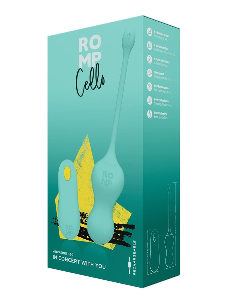ROMP Cello Vibrerende Egg – produkteske i turkis med gule detaljer, viser sexleketøyet og fjernkontrollen, med tekst “Vibrating Egg – In Concert with You”, samt ikoner for 6 vibrasjonsmoduser, fjernkontroll, vanntetthet og USB-opplading.