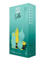 ROMP Cello Vibrerende Egg – produkteske i turkis med gule detaljer, viser sexleketøyet og fjernkontrollen, med tekst “Vibrating Egg – In Concert with You”, samt ikoner for 6 vibrasjonsmoduser, fjernkontroll, vanntetthet og USB-opplading.